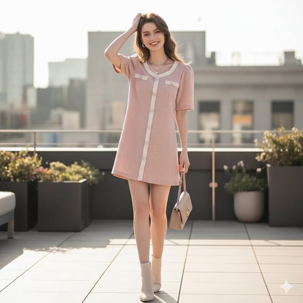 J.ING Pink Button Detail V-Neck Short Sleeve Tweed Mini Dress